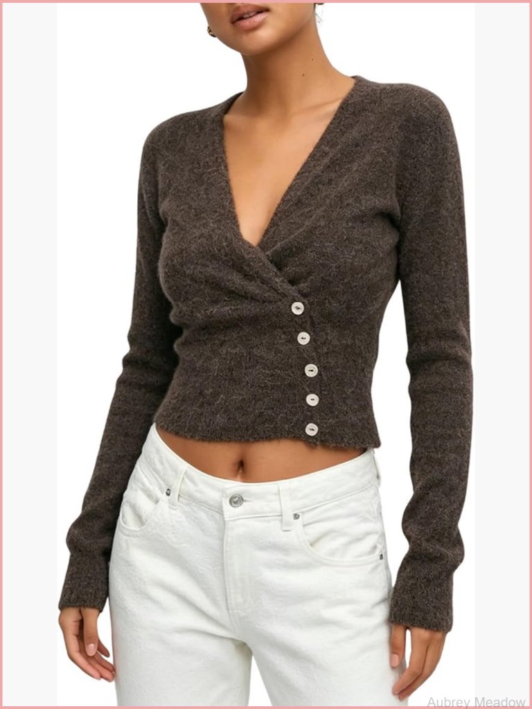 V Neck Wrap Long Sleeve Side Button Crop Knit Cardigan Sweater Pullover